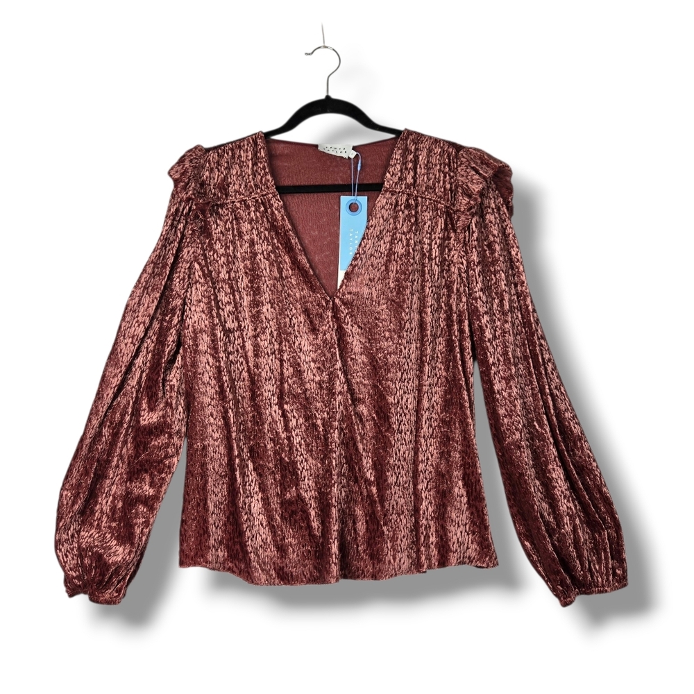 Tanya Taylor Large Copper Rose Gold Crushed Velvet Ruffle Trim Lucy Top sz Large